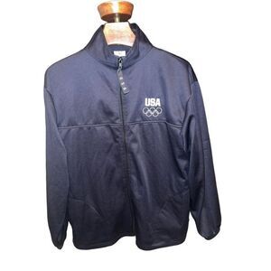 USA Olympic Committee Jacket Mens Large Navy Blue Zip Warm Up Jacket (hole)